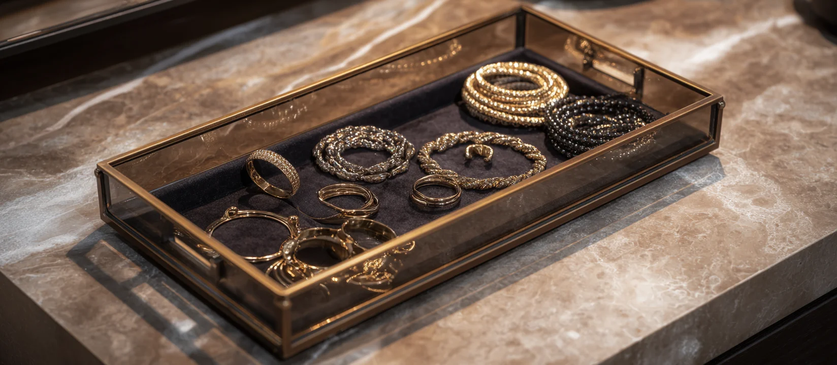 A luxurious metal and glass display tray holding bracelets, ideal as a decorative jewelry trays for drawers insert, though not specifically a dedicated ring jewelry tray.